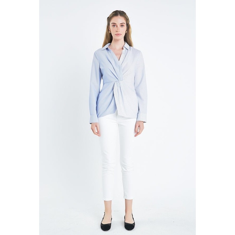 English Factory Womens Striped Twist Front Mixed Media Shirt Blue White Medium